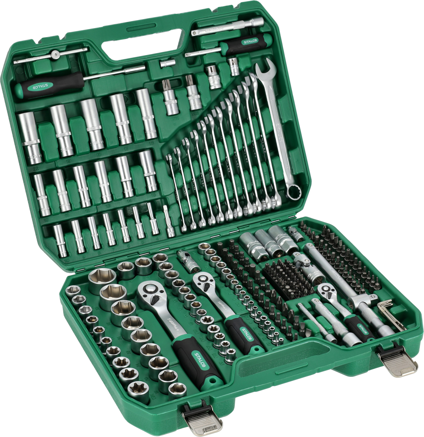 Zestaw kluczy nasadowych i płasko-oczkowych 1/2”+3/8”+1/4”, 219 elem. bmc STALCO S-54005