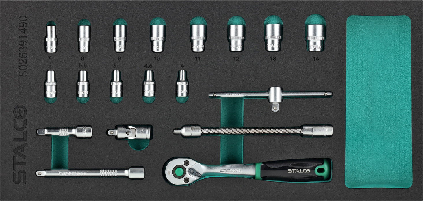 Socket Set 1/4” 4-14mm 19pcs CrV 90T STALCO