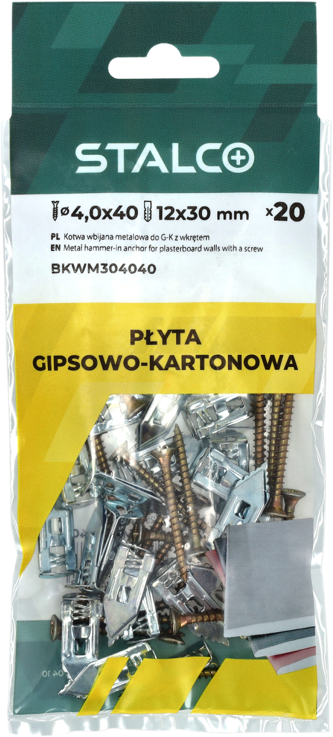 Metal hammer-in anchor for plasterboard walls with a 4x40 mm screw bag