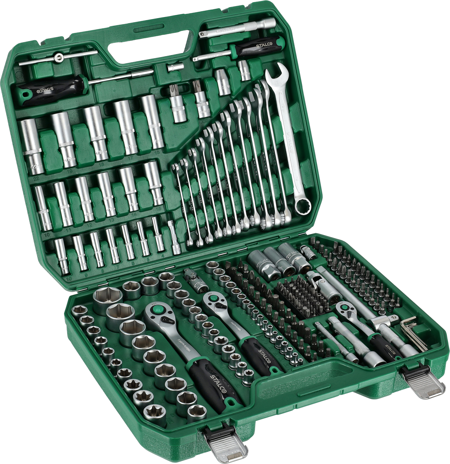 Zestaw kluczy nasadowych i płasko-oczkowych 1/2”+3/8”+1/4”, 219 elem. 90T, BMC STALCO S011100219