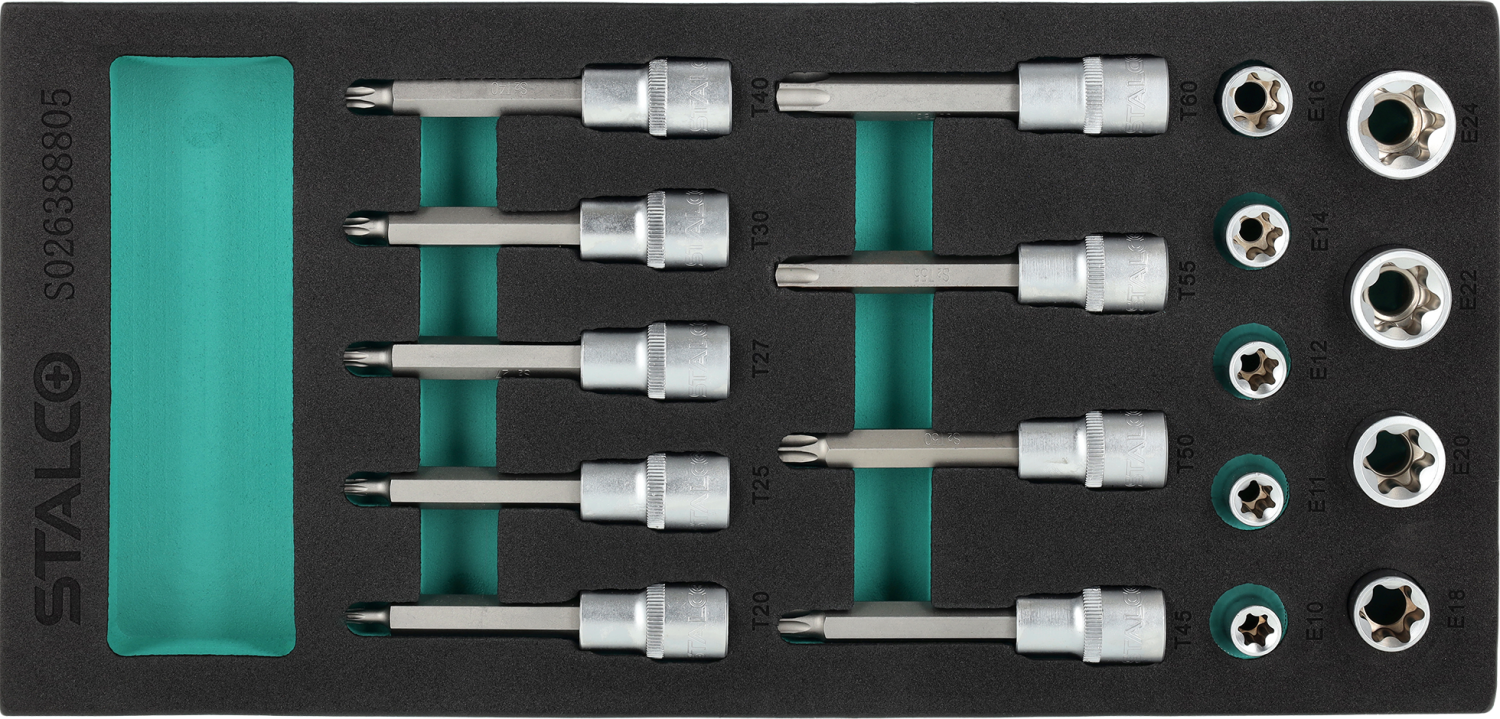 Zestaw bitów TORX S2 T20-T60, nasadek TORX CrV E10-E24 wkład EVA 18elem. STALCO S026388805