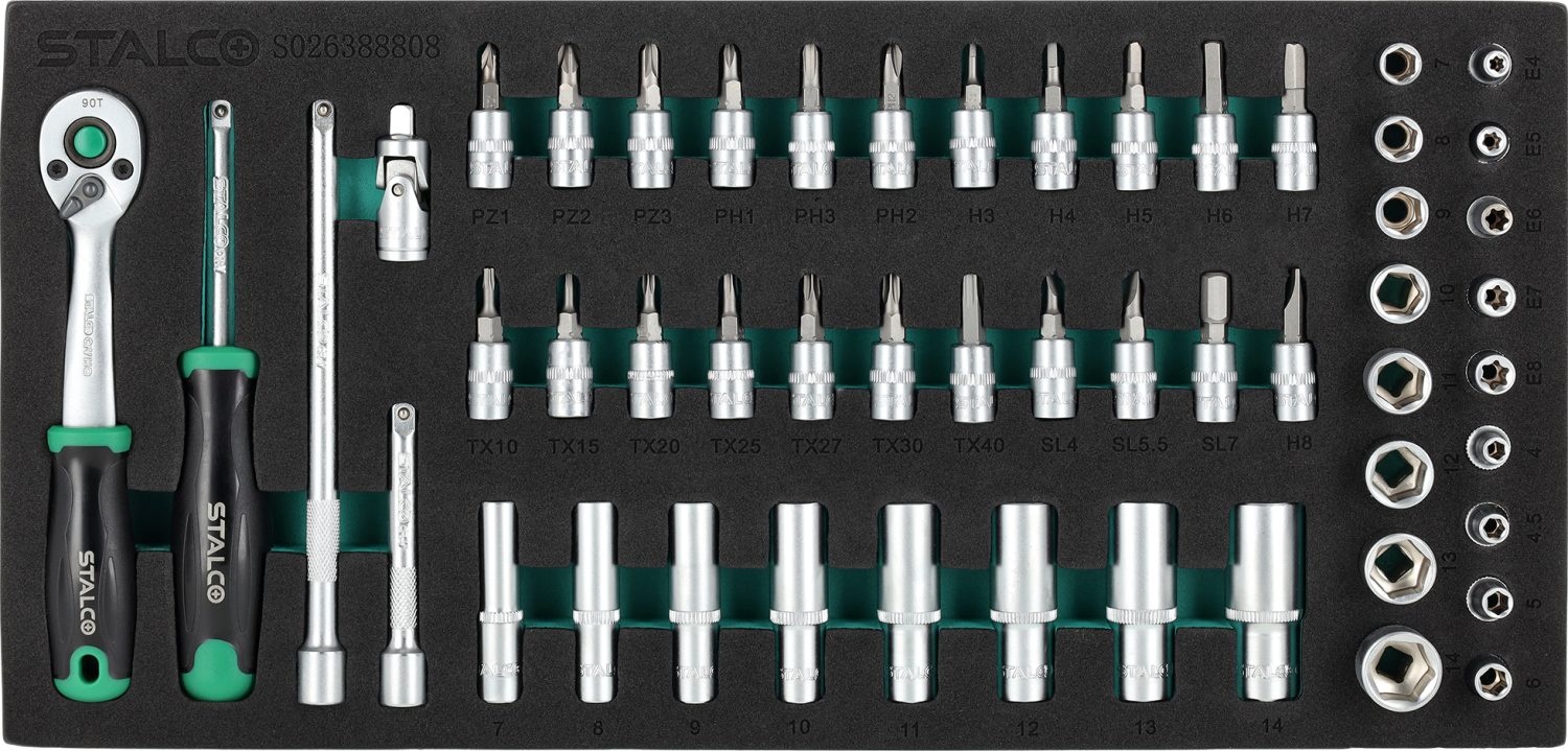 Zestaw kluczy nasadowych 1/4” 53elem. 90t, wkład EVA STALCO S026388808