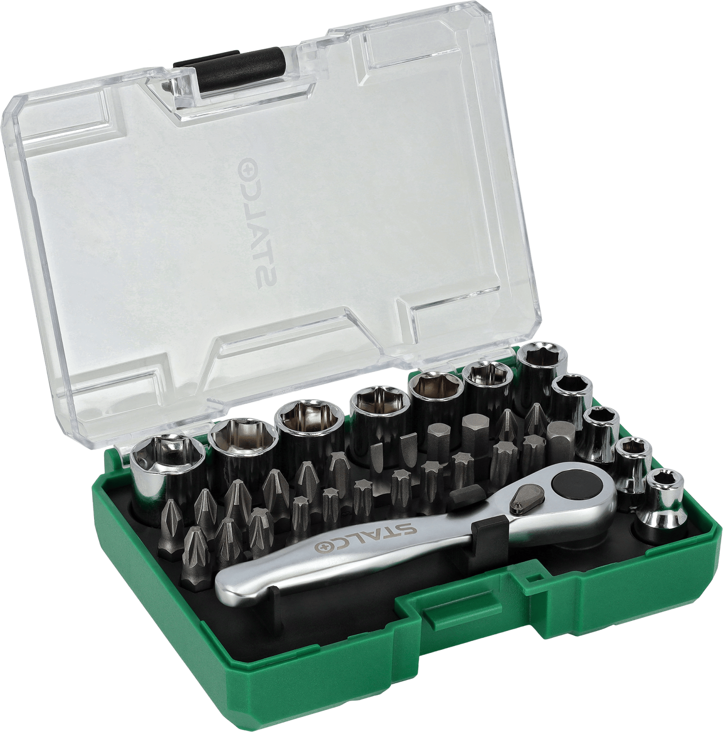 Zestaw bitów ze stali S2, nasadek CrV, grzechotka do bitów/nasadek 36elem. STALCO S060000036