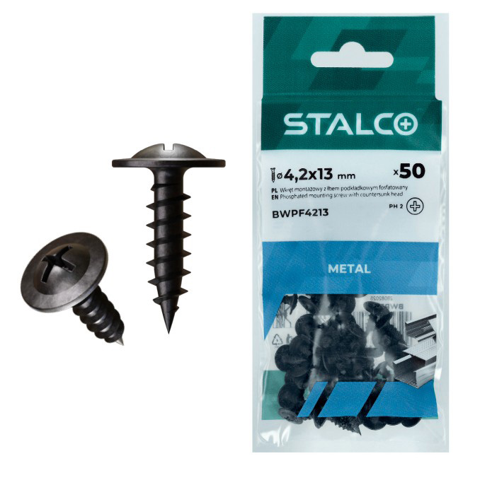 Wkręt montażowy z łbem podkładkowym fosfat (PH2)