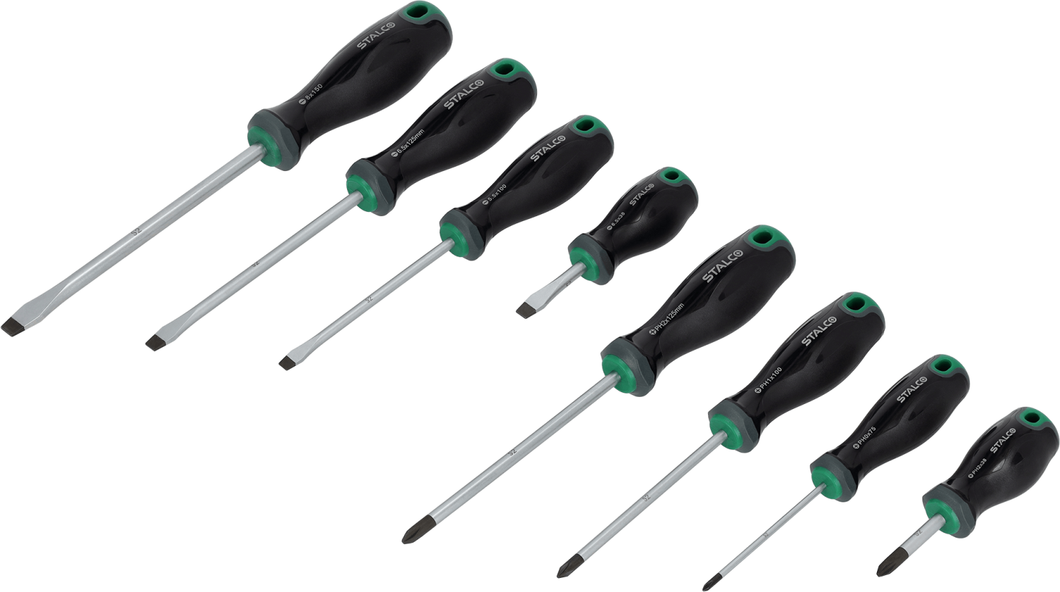 Wkrętaki 8elem. S2 SL: 5.5, 2x 6.5, 8mm, PH0x75, PH1x100, PH2x38, PH2x125mm STALCO S010812100